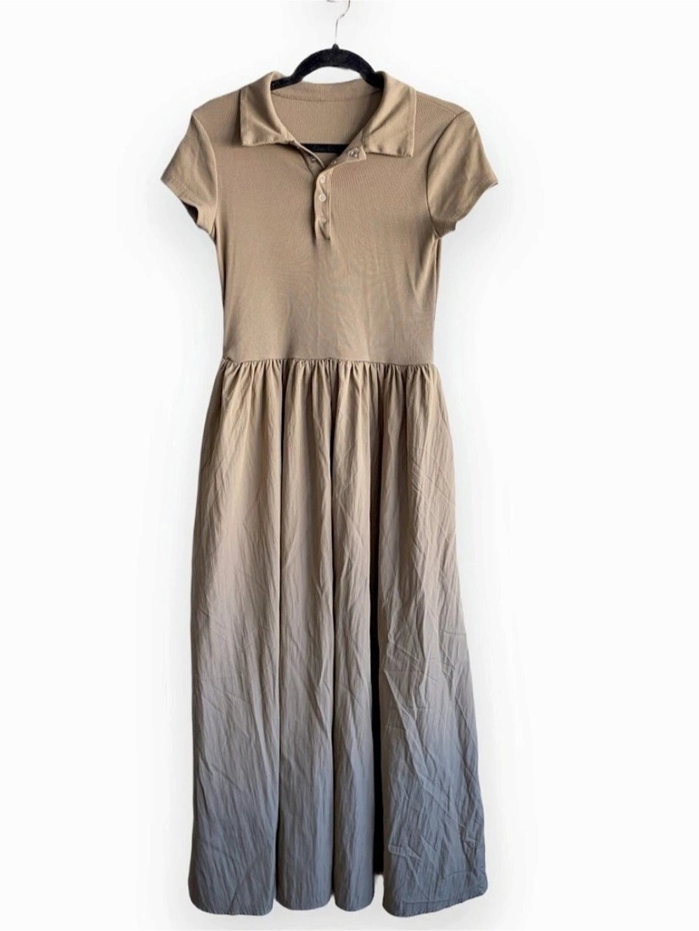 Polo Shirt Beige Ribbed Collared Maxi Full Length Skirt Pocket Dress - LARGE